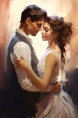 romantic couple, rendered in impressionism style, copy space, generative ai