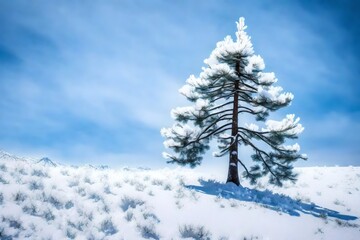 A lone pine tree covered in snow, standing tall against a wintry blue sky.