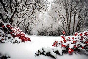 A patch of red berries peeking through a blanket of snow, a burst of color in a monochrome landscape.