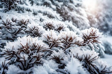 A cluster of snow-covered bushes, each branch adorned with delicate frost.