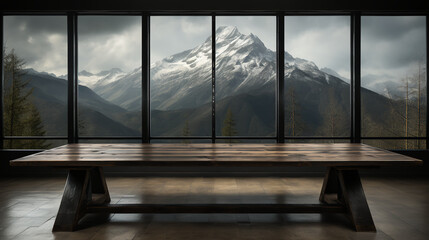 Table in empty room with large windows - snow on mountains in background - rustic - country - vacation - getaway - travel 