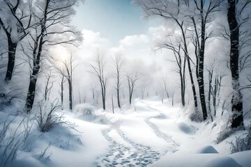Fototapeta na wymiar A winding path through a snow-covered forest, inviting exploration on a crisp winter day.