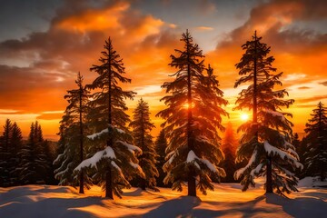 A group of snow-capped evergreen trees standing tall against a vibrant orange sunset.