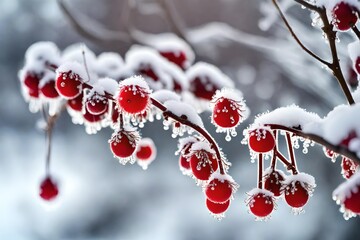 Frost-kissed berries hanging from a  winter branch, a study in natural stillness.