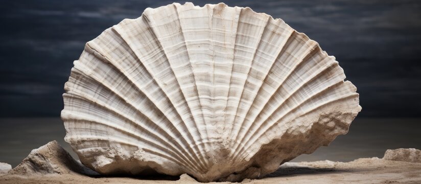 A fossilized scallop in limestone