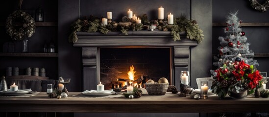 Fototapeta na wymiar Christmas decorations in dining room with a fireplace