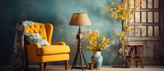 Bohemian retro-style interior with vintage floor lamp, spring mimosa flowers in vase. Cozy living...