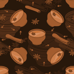 Editable Seamless Pattern of Indian Masala Chai in Pottery Cup with Assorted Herb Spices Vector Illustration With Dark Background for South Asian Beverages Culture and Tradition