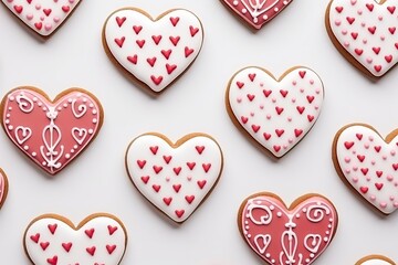 Fototapeta premium Valentine s Day pattern with heart shaped cookies with pink and white icing