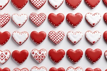 Fototapeta premium Valentine s Day pattern with heart shaped cookies with pink and white icing