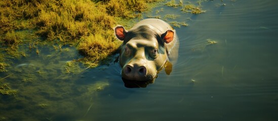 A hippopotamus partially submerged in the Okavango Delta Wetlands in Botswana, captured from above with a telephoto lens.
