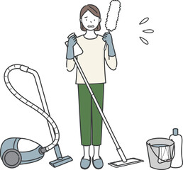 たくさんの掃除道具と困った顔の女性