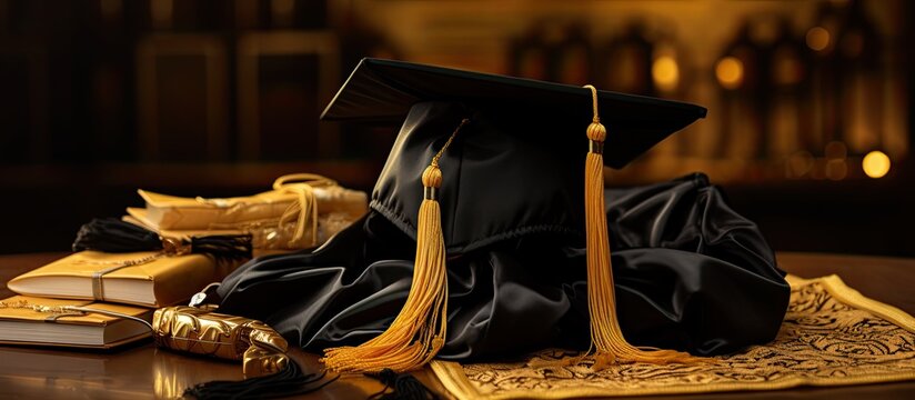 Preparing for the 2023 graduation ceremony with traditional cap, gown, and gold & white tassel.