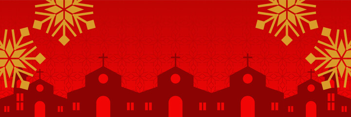 Red Christmas background, with snow ornaments and church silhouette. vector template for banner, poster, social media, Christian holiday greeting card.