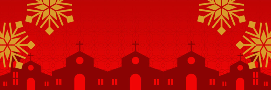 Red Christmas background, with snow ornaments and church silhouette. vector template for banner, poster, social media, Christian holiday greeting card.