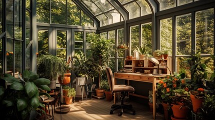 Fototapeta premium Workplace in glasshouse surrounded with green leafy potted plants. Remote office in cozy atmosphere