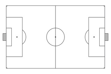 Football pitch. Soccer field line style. Black outline court and stadium on white background. Football match, league scheme. Graphic icon for sport area, game and training. Arena Design. Vector