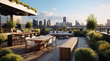 Eco-friendly office and home with furniture on rooftop garden. Concept for corporate buildings - obrazy, fototapety, plakaty