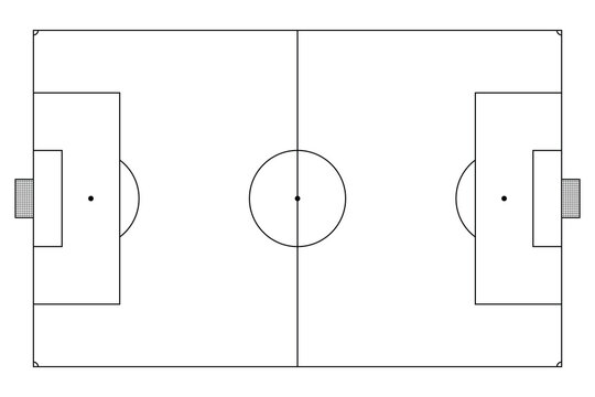 Football pitch. Soccer field line style. Black outline court and stadium on white background. Football match, league scheme. Graphic icon for sport area, game and training. Arena Design. Vector