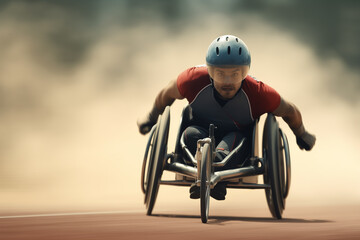 Young man in Wheelchair athletes competing, Para sport athletics, Generative Ai.