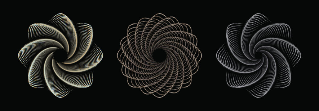 Set of editable spiral line flowing from the center outwards and vice versa. abstract geometric circular round shapes isolated on black background.