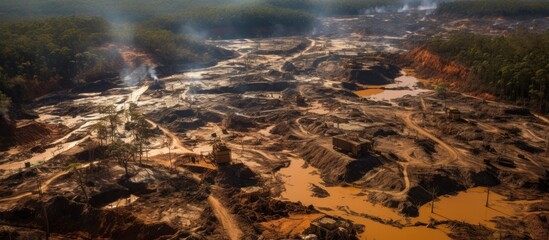 Bird's-eye perspective of gold mining area in Amazon forest, Para state, Brazil. - obrazy, fototapety, plakaty