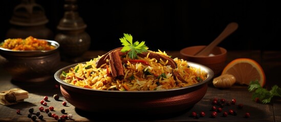 Spicy Indian biryani with basmati rice, meat curry, and celebration seasons.