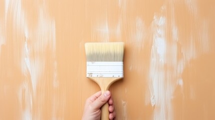 brush in hand for products to restore and paint the wall, indoor the building site of a house, wall during painting, renovation, painting, contractor, Architect, construction worker