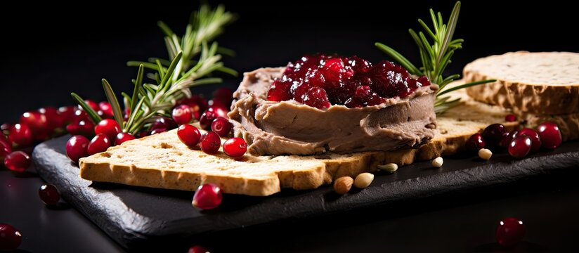Pork and turkey liver pate on dark slate with sweet cranberry jam.