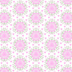 Floral seamless pattern with pink flowers and green hearts on a white background.