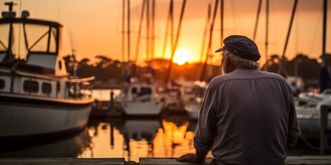 Retired Sailor Contemplating at Sunset-Kissed Marina