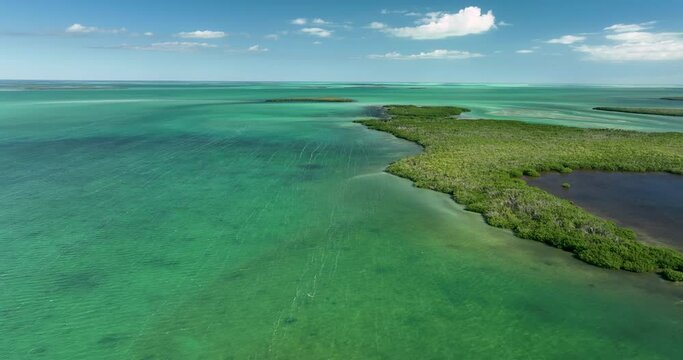 Flying above clear ocean waters in Florida Keys, blue sky and islands with tropical forest