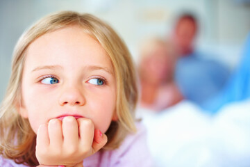Home, thinking and girl with ideas, kids and confused with questions, bored and uncertain. Person,...
