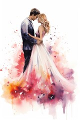 romantic couple in watercolor style on white background, copy space , generative ai