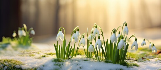 Snowdrops, beautiful flowers, bloom in snowy forests during early spring as symbols of warming and the arrival of the season.