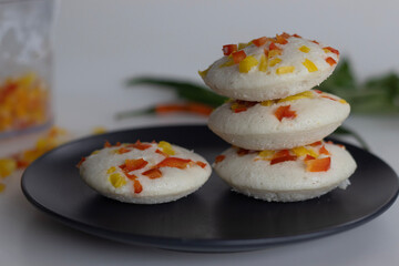 Savory bell pepper idly. A colorful and appetizing South Indian breakfast
