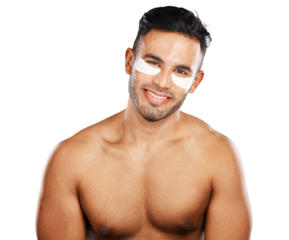 Man, happy or skincare portrait with eye mask for grooming or relax with cosmetic as facial treatment. Beauty, face and smile with confident, body wellness and isolated on transparent png background