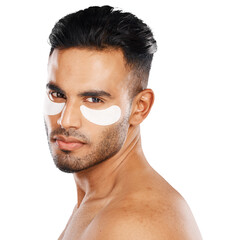 Portrait man and eye for patch with wellness in skincare with treatment of dark circles. Mexican...