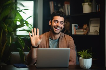 smiling young man waving hand while using laptop in living room at home, Woman gesturing and talking on video call over laptop at home office, AI Generated