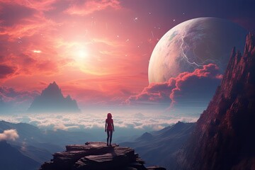 Woman standing on the edge of a cliff with a view of the planet Earth, woman standing on top of a...