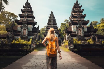 Young woman tourist with backpack standing at Pura Besakih temple in Bali, Indonesia, Tourist woman with backpack at vacation walking through the Hindu temple in Bali in Indonesia, AI Generated - obrazy, fototapety, plakaty