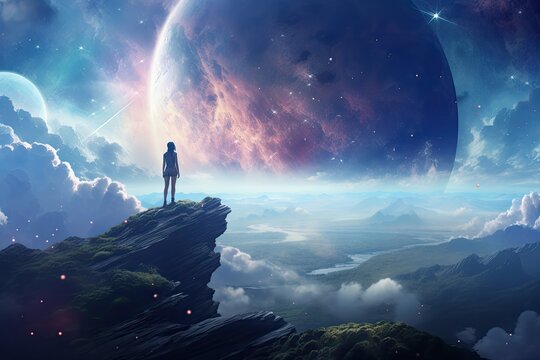 Man Standing On The Edge Of A Cliff And Looking At The Space, Woman Standing On Top Of A Mountain Looking At A Distant Futuristic Planet In The Sky, Digital Art Style, AI Generated