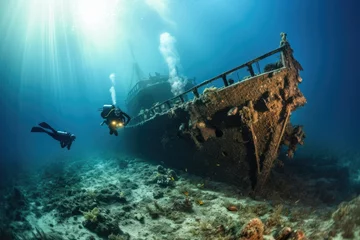 Foto op Canvas Scuba diving on the wreck of the ship in the Red Sea, Wreck of a ship in the blue sea, with scuba diving equipment, AI Generated © Iftikhar alam