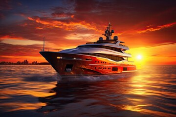 luxury yacht in the sea at sunset. 3d render illustration, Yacht cruising at sunset, AI Generated