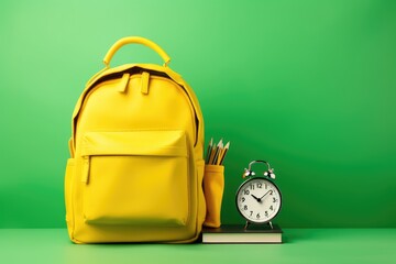 Yellow backpack and alarm clock on green background. Back to school concept, Yellow backpack with alarm clock and school equipment, AI Generated
