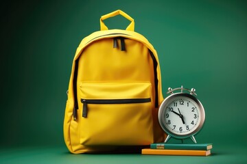 Yellow backpack with alarm clock on green background. Back to school concept, Yellow backpack with alarm clock and school equipment, AI Generated