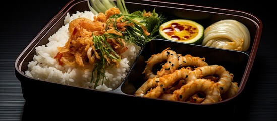 Indonesian lunchbox suggestion: Rice, fried calamari with sauce, sauteed chicory and snack.