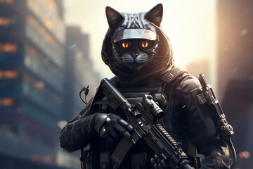 illustration of a cat becoming an armed police officer - obrazy, fototapety, plakaty