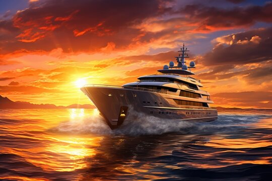 luxury yacht in the sea at sunset. 3d render illustration, Yacht cruising at sunset, AI Generated