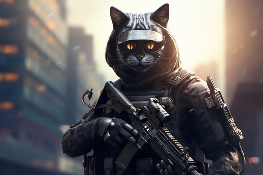 illustration of a cat becoming an armed police officer